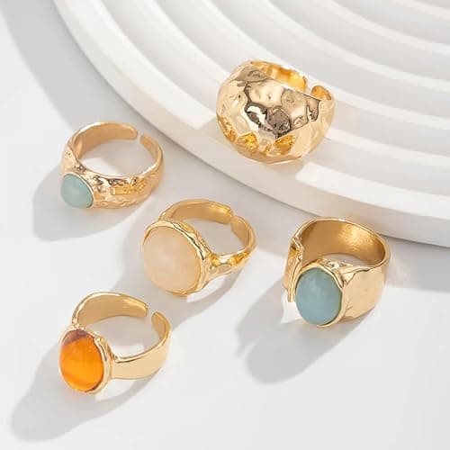 Chunky Gold Ring Set for Women Stackable Thick Acrylic Knuckle Rings Pack 5Pcs Hammered Resin Open Statement Rings Stack Trendy Jewelry Accessories - Gold thumbnail 5