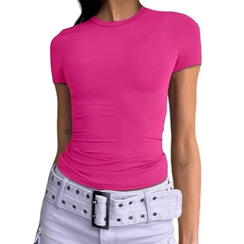 Dwnval Womens Basic Summer Short Sleeve Tight Fitted Workout Crop Tops | Soft Trendy Cute Compression Womens outfit Baby Tees Shirt - Image 1