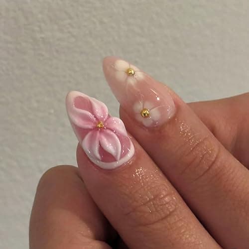 24Pcs Pink Flower Press on Nails Medium Almond Fake Nails 3D Floral with Gold Pearl Glossy Glue on Nails French Tip False Nails Cute Summer Stick on Nails for Women Girls Acrylic Manicure Salon Tips thumbnail 2
