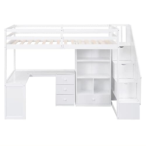 Harper & Bright Designs Twin Size High Loft Bed with L-Shaped Desk, Wood Twin Loft Bed with Storage Drawers and Cabinets, White thumbnail 5