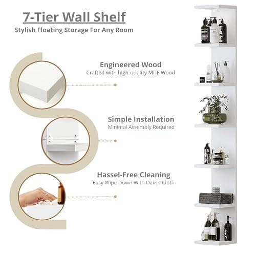 UrbanNook 7-Tier Floating Wall Shelf with LED Lights – White Modern Display Shelving Unit with Remote Control – Wall Mounted Bookshelf for Living Room, Bedroom, or Office Decor thumbnail 5