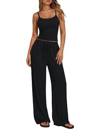 Trendy Queen Women's 2 Piece Lounge Set Spring Outfits - Camisole Top & Wide Leg Pants - Image 1