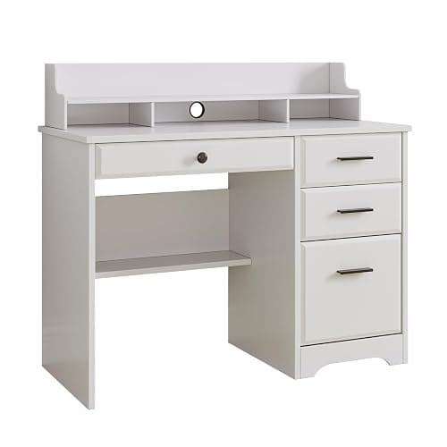 4 EVER WINNER White Desk with Drawers, 44 Inch Small Computer Desk with File Drawer and Monitor Stand, Wood Desk with Storage Shelf for Small Spaces, Living Room, Bedroom, White thumbnail 5