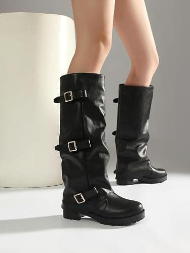 Kekonaca Fold Over Boot Combat Platform Buckle Low Heel | Slouchy Knee High Vintage Boots Grunge Alt Punk Gothic Moto Biker Boot Casual Club Festival Rave Going Out Wide Calf Boots thumbnail 5