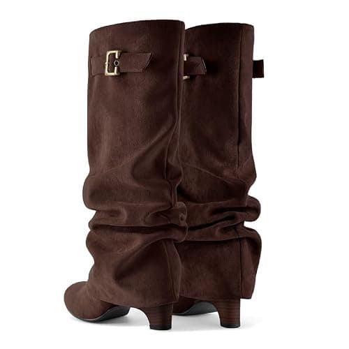 blingqueen Slouchy Wedge Suede Boots Fold Over Knee High Pull On High Heels thumbnail 3