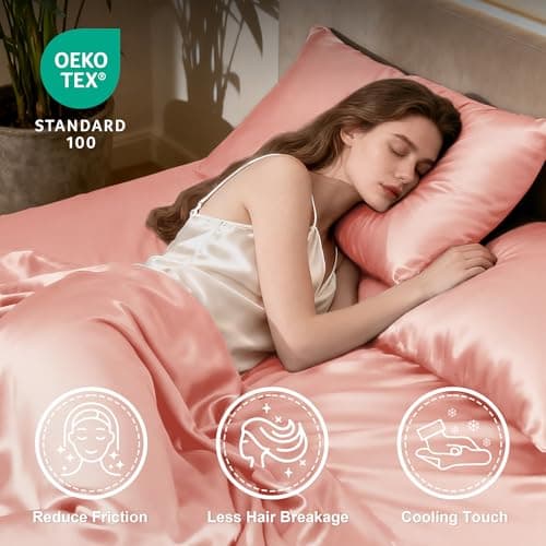 Love's cabin Satin Queen Sheets Set - 4 Piece Coral Silky Bed Sheets with Deep Pocket, Luxury Silk Feel Satin Queen Size Sheet Set (1 Flat Sheet,1 Fitted Sheet,2 Pillow Cases) thumbnail 3