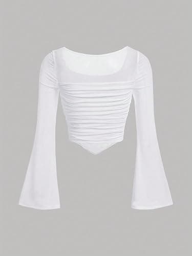 Floerns Girls Bell Long Sleeve Square Neck Asymmetrical Hem Mesh Ruched Crop Tops Tees thumbnail 3