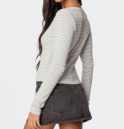 Women Striped Long Sleeve Shirt V Neck Button Up Casual Basic Y2K Slim Fitted Crop Tops thumbnail 3