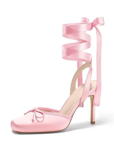 ⭐️Coutgo Womens Ballet High Heels Satin Closed Square Toe Ballerina Heels Lace Up Bow Pumps Prom Shoes - Image 1