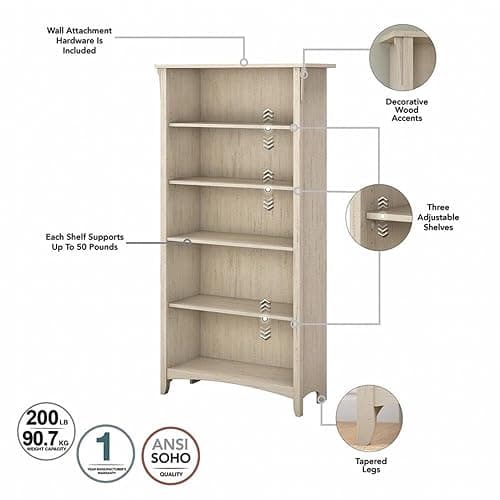 Bush Furniture Salinas Tall 5 Shelf Bookcase - Set of 2 in Antique White, Vertical Office Storage, Bookshelves for Home Workspace, Multi-Purpose Shelving Units thumbnail 6