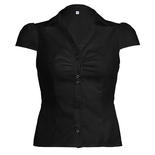 Women's Button Up Shirt Slim Fitted Cap Sleeve V Neck Top Y2k Coquette Button Down Shirt - Image 1