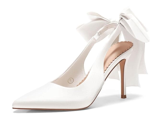 Coutgo Womens Slingback High Heels with Bow Closed Pointed Toe Wedding Bride Dress Shoes Satin Pumps - Image 1
