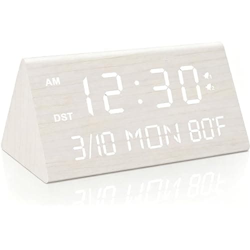 Kogonee Wooden Digital Alarm Clock, 0-100% Dimmer, 2 Alarm Settings, Weekday/Everyday Mode, 9 Mins Snooze, 12/24H, Temperature and Date Display for Office, Travel, Bedroom Alarm Clock (White) - Image 1