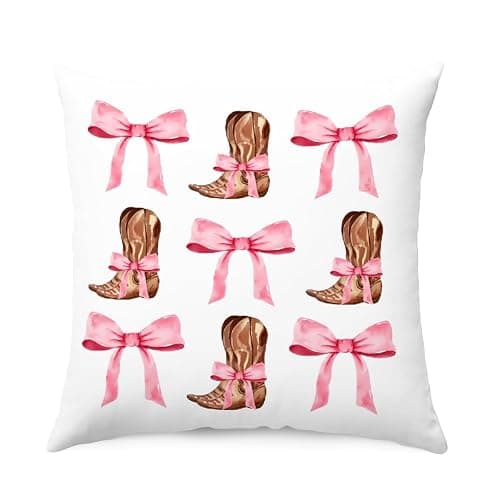 QROZIAR Preppy Coquette Pink Bow Cowgirl Pillow Covers, Trendy Western Decorative Throw Pillow Covers 18x18, Cowgirl Aesthetic Room Decor Pillow Cases for Home Bedroom Couch Girls College Dorm - Image 1