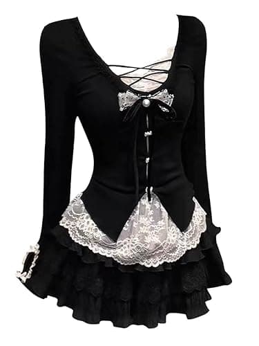 Xojbzoo Y2K retro skirt set black fake two-piece inner top and lace skirt fashionable casual set - Image 1
