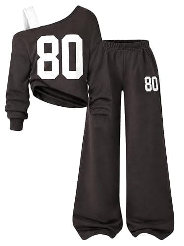 Kxuryueo Tween Girls Clothes Off The Shoulder Sweatshirt and Wide Leg Sweatpants Sweatsuit Size 7-14 - Image 1