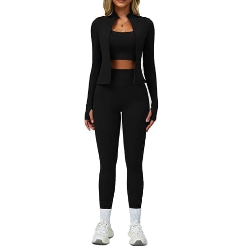 Women’s 3 Piece Workout Set – Sports Bra, Leggings & Jacket with Thumbholes – Yoga Outfit Activewear for Gym Running Training - Image 1