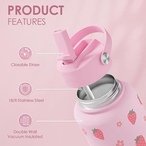 SANDJEST Strawberry Water Bottle 32oz Stainless Steel with Lid & Straw, Insulated Bottles for Women Girls, Gifts Ideas for Birthday Christmas thumbnail 4