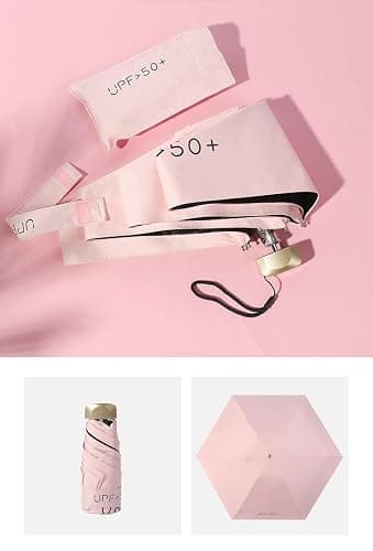 Mini Travel Umbrella With Case, Compact UV Protection for Sun and Rain, Lightweight Windproof Umbrella for Women, Men, Kids (Pink) thumbnail 4