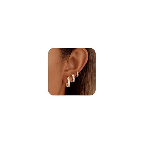 CAROVO 3 Pairs Gold/Silver Hoop Earrings for Women Trendy Dainty 14K Gold Plated Cubic Zirconia Stud Earrings Huggie Hoop Earrings Stack for Multiple Piercing Jewelry - Image 1