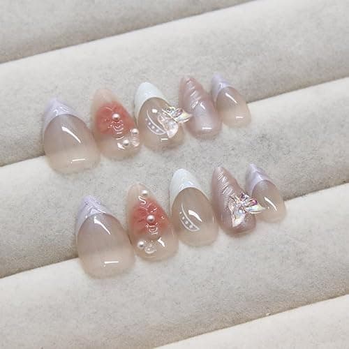 evpct 3D Nude Pink Handmade Press On Nails Almond Short, 3D Flower Butterfly Design Fake Nails Rusable for Spring & Summer Daily Wear, False Acrylic Nail with Glue Press ons Nail for Women Gift 30Pcs thumbnail 5