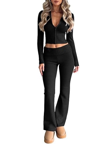 LILLUSORY Women's 2 Piece Knit Sets Slim Fit Zip Up Hooded Flare Leg Pants Set Sweatsuit - Image 1