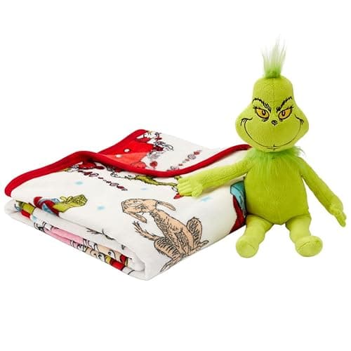 Franco Bedding Christmas Holiday Super Soft Plush Cuddle Buddy, 40 in x 50 in, Grinch & Max Throw + Pillow Set - Grinch & Max Throw + Pillow Set - 40 in x 50 in