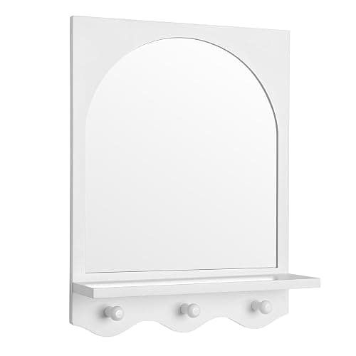 SANY DAYO HOME White 16"x12" Wood Framed Arched Mirror with Shelf and 3 Hooks, Wall Mounted Decorative Real Glass Hanging Mirror for Entryway, Bathroom, Bedroom, Laundry Room thumbnail 8