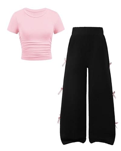 Kxuryueo Tween Girls Clothes Short Sleeve Tops and Bowknot Wide Leg Sweatpants Casual Trendy Outfit for Teen Size 7-14 - Image 1
