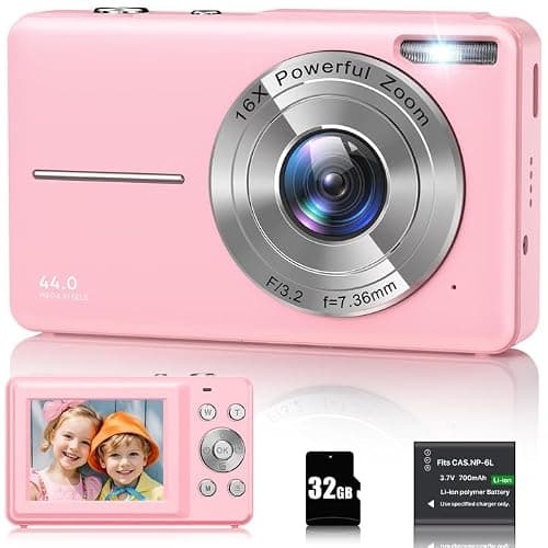 Digitalkamera 1080P 44MP Fotokamera 16X Digitalzoom Kamera, Vlogging Fotoapparat Kompaktkamera mit 2,4" LCD Bildschirm, 32G Micro Speicherkarte, 1 Akku fรผr Kinder Teenager Studenten Anfรคnger-Rosa - Image 1