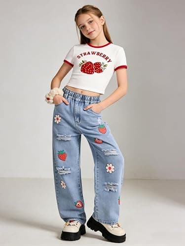 Azmxynol Tween Girl Clothes Short Sleeve Top + Butterfly Design Jeans 2 Pieces Spring Summer Outfit Set, Size 6-14 Years thumbnail 2