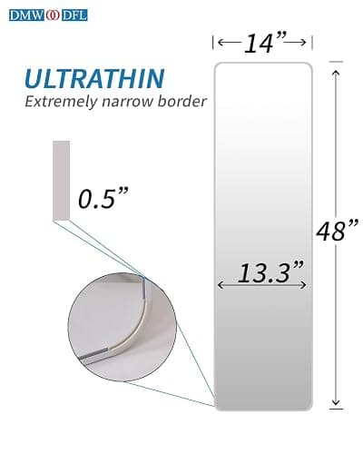 DMWOODFL 48"x14" Rounded Rectangle Over The Door Mirror - Full Length Tempered Glass & Aluminum Frame, No Drill Installation for Bedroom, Bathroom, Closet, Entryway (Silver White) thumbnail 2