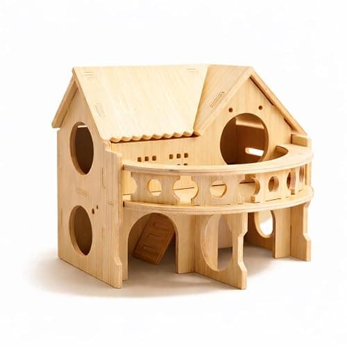 Improved Safety Large Balcony Small & Cute Wooden Hamster House with Large Balcony – Double-Decker Forest-Style Hut for Dwarf Hamsters, Mice, Gerbils, Rats & Small Pets (Compact Size Only) - Image 1