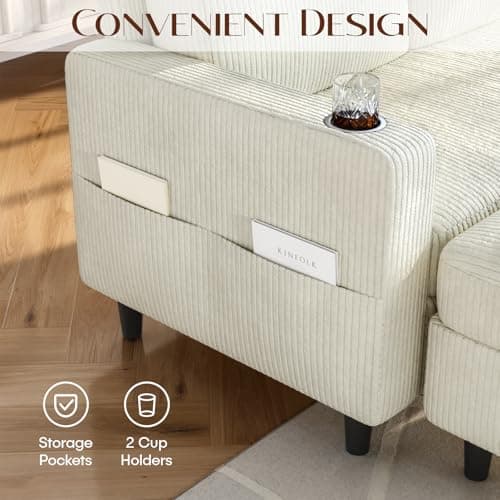 POYISOU Convertible Sectional Couches for Living Room, 3 Seats L Shaped Sofa with Storage Ottoman & 2 Cup Holders, Modern Corduroy Couch Small Sofas for Small Space, Apartment, Office, Beige thumbnail 3