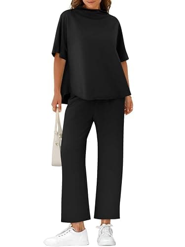 Yousify Women's Two Piece Sets 3/4 Batwing Sleeve Capelet Crew Neck Pullover Top Wide Leg Pants Lounge Set Travel Outfits - Image 1