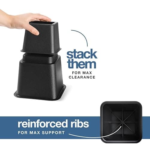 Home It Adjustable Bed Risers - Elevation in 3, 5 or 8 Inch - Heavy Duty Stackable Furniture Risers Supports 1,300 lbs - for Under-Bed Storage, College Dorms, Table and Couch, 4 Pack Bed Lifts Black thumbnail 8