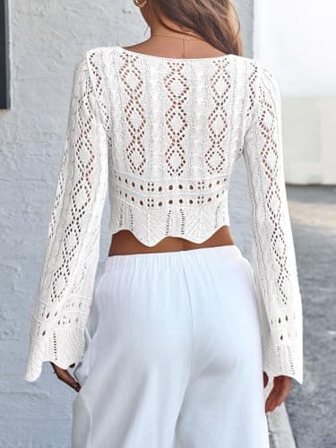 Saodimallsu Womens Crochet Crop Tops Tie Front Bell Long Sleeve Cardigan V Neck Lightweight Knit Shrug Sweaters White thumbnail 5