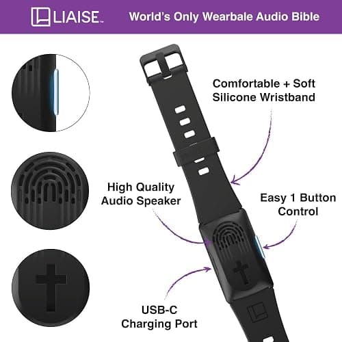 LIAISE Wearable Audio Wrist Band, WWJD Bracelet and Audio Bible, 300+ Verses from NIV, Jesus Bracelet Speaker, Christian Wristband for Men and Women (Black) thumbnail 3