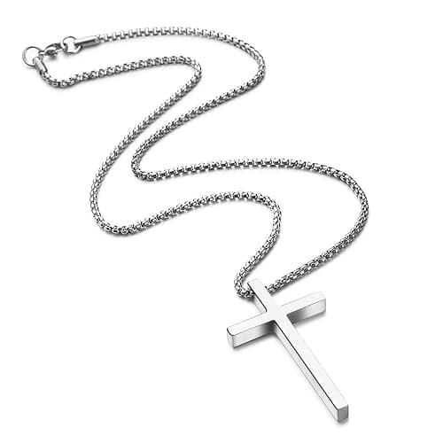 M MOOHAM Cross Necklace for Men, Silver Black Gold Stainless Steel Plain Cross Pendant Necklace for Men Box Chain 16-30 Inch thumbnail 4