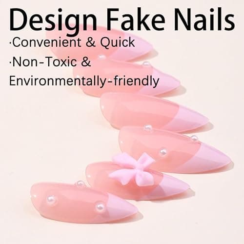 24Pcs Pink French Tip Press on Nails Almond Fake Nails with Bow Pearl Design Cute French False Nails Glossy Full Cover Artificial Acrylic Stick on Nails for Women Manicure Nail Decoration 24Pcs thumbnail 5
