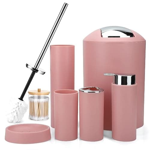 Otostar Bathroom Accessory Set Plastic Bathroom Accessories Set with Soap Dispenser Toothbrush Holder Qtip Holder Tumbler Soap Dish Toilet Brush Holder Trash Can Housewarming Gifts Bath Set (Pink) - Image 1