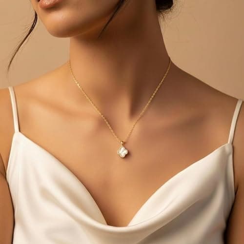 MINARIA Clover 14K Gold Plated 925 Sterling Silver Pendant Necklace for Women, Four Leaf Clover Mother of Pearl Necklace, Elegant Jewelry Gift for Women thumbnail 4