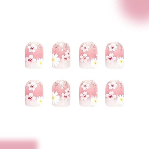 Flower Press on Nails Short Square Fake Nails with Floral Glitter Designs Spring Nails Press ons Pink White Glue on Nails Cute False Nails Summer Stick on Nails for Women 24Pcs thumbnail 5