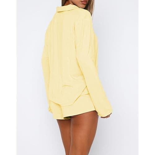 RUEWEY Women 2 Piece Pajamas Set Button up Long Sleeves Shirt and Elastic Shorts Set Loungewear Soft Sleepwear thumbnail 3