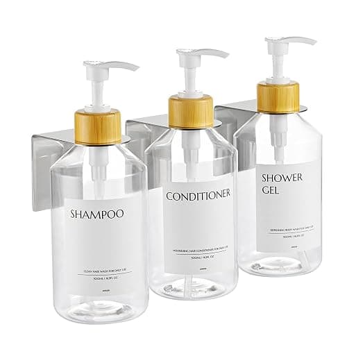 Janxin 3 Pièces Distributeur de Shampoing Mural, Distributeur Savon Mural 500ml, Distributeur de Savon Mural sans Perçage, avec Étiquette Étanche (Flacon Transparent + tête en Bambou Blanc) - Image 1