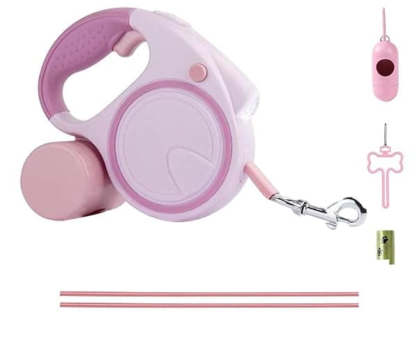 Best Dog Supplies | Pink Retractable Dog Leash with Light, Poop Bag Dispenser, Poop Bag Holder, 2 Elastic Ropes | Set of 4 - Image 1
