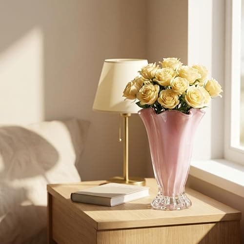 Ruffled Vase Display with Wavy Rim, Hand Blown Glass Vase for Flowers, Blown Glass Decor Centerpiece with Ribbed Panels for Tabletop Shelf Mantel Home Decor (Pink) thumbnail 8