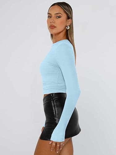 Trendy Queen Womens Long Sleeve Shirts Fall Fashion 2025 Basic Crop Tops Going Out Workout Outfits Y2k Clothes - Small - Baby Blue thumbnail 3