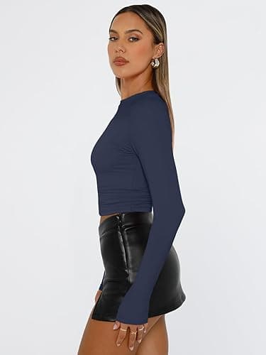 Trendy Queen Womens Long Sleeve Shirts Basic Tees Crop Tops Going Out Spring 2025 Workout Outfits Y2k Clothes - Small - Navy thumbnail 3
