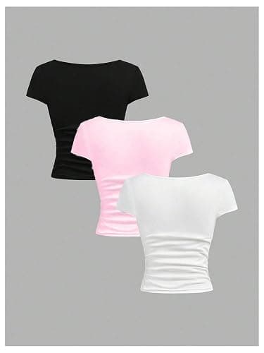 SOLY HUX Girl's Short Sleeve T Shirts 3 Piece Basic Scoop Neck Tees Slim Fit Casual Summer Tops - 8 Years - White Pink Black thumbnail 2